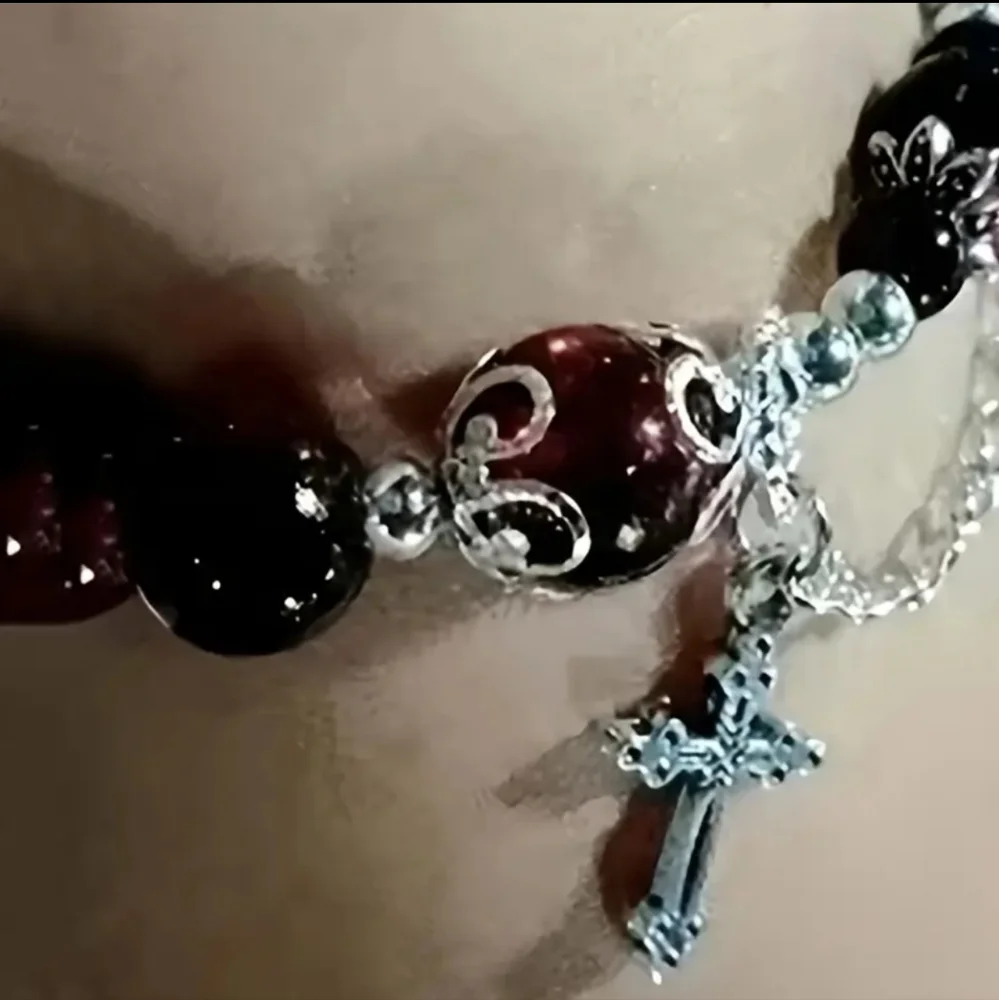 Black and Red Beaded Elastic Bracelet with Silver‎ Charms